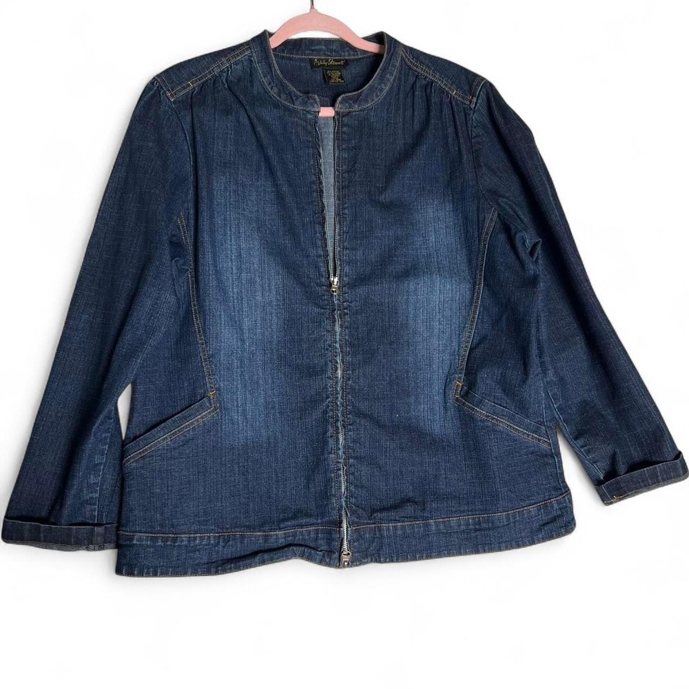 Ashley Stewart Dark Wash Zipper Front Denim Jacket Womens 14W Faded y2k Retro